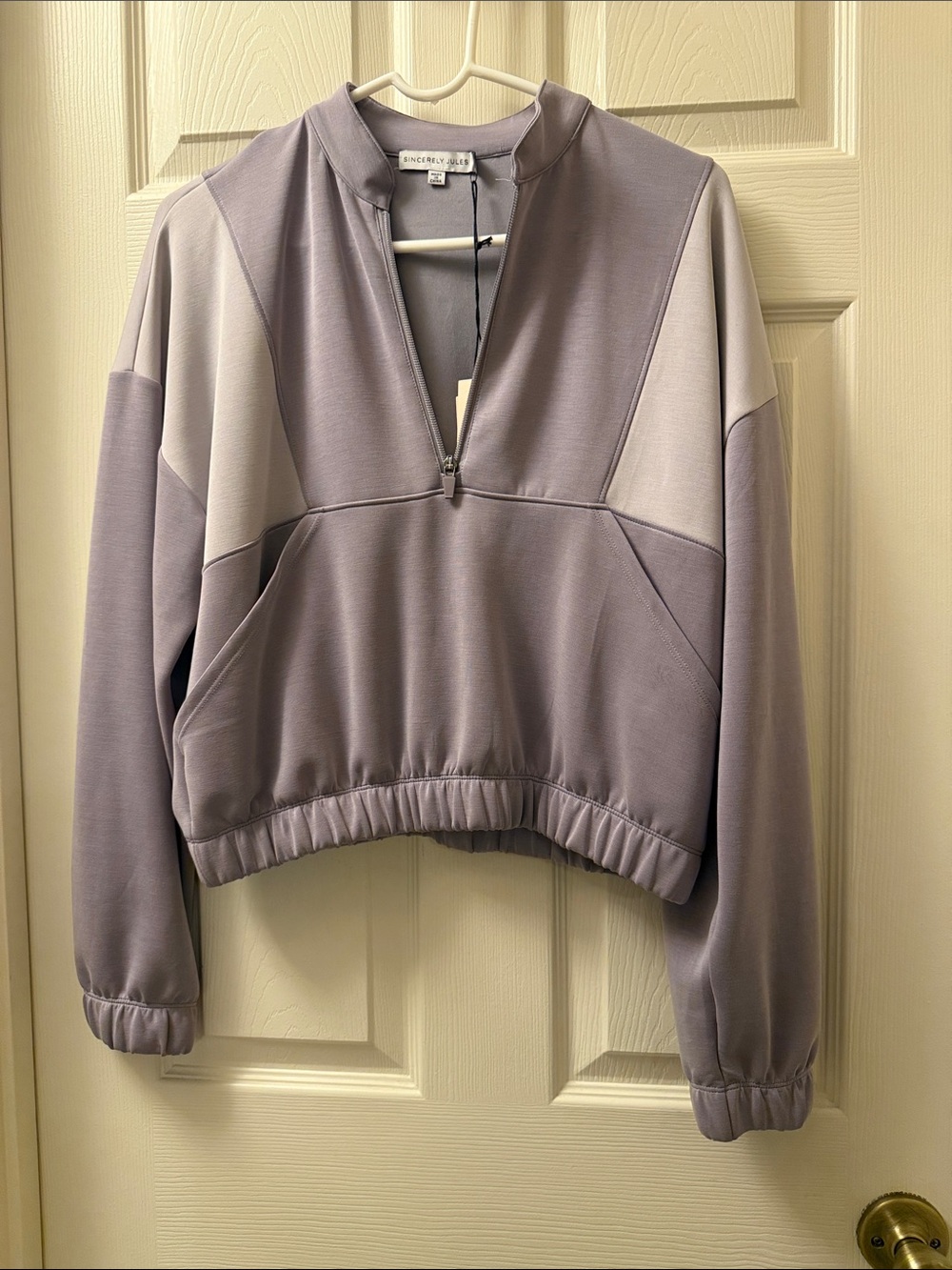 Sincerly Jules Lavender and Lilac Colorblock Cropped Half-Zip Sweatshirt